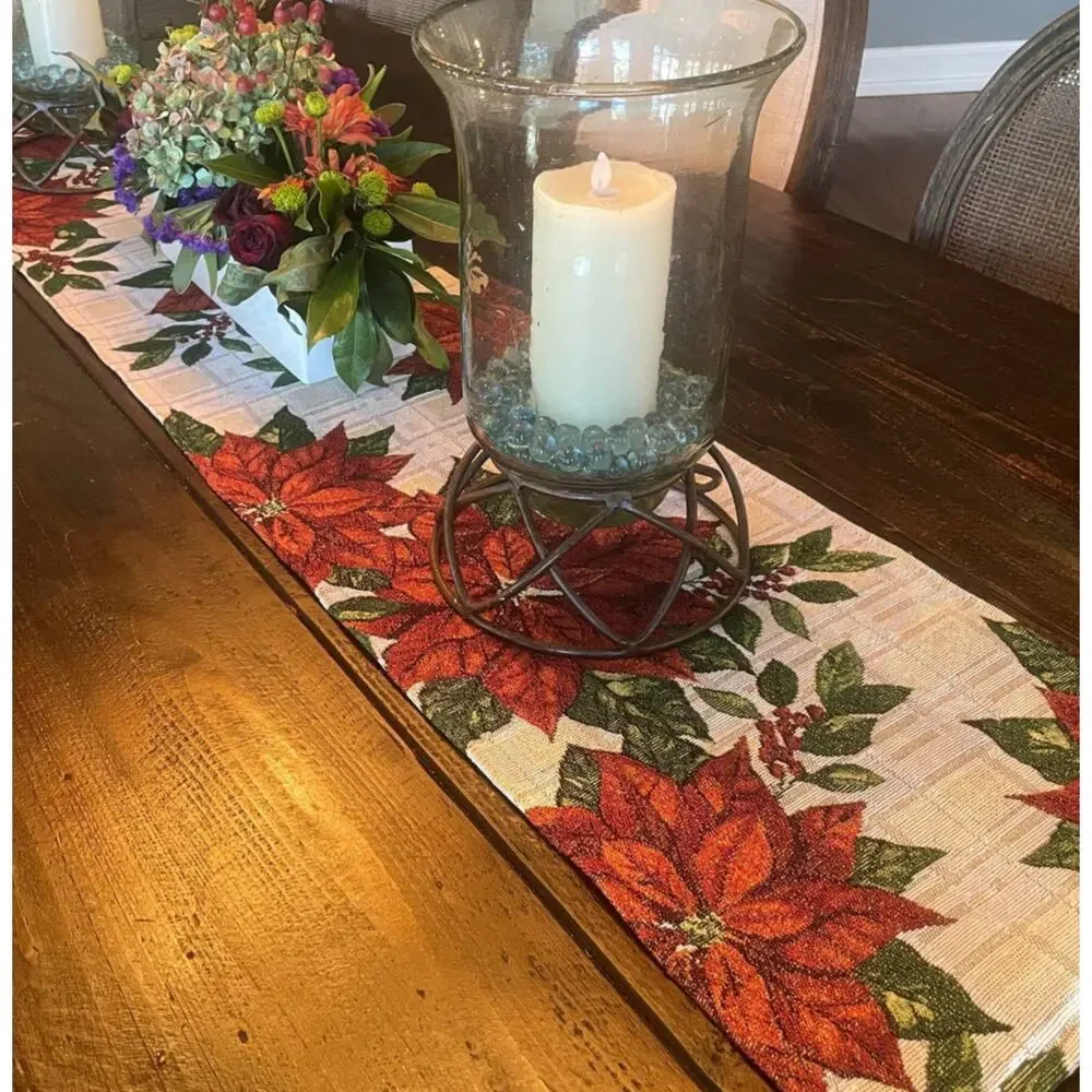 Christmas Poinsettia Metallic Plaid Tapestry Table Runner 13x70 Cream Red NWT